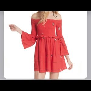 Free People Red Embroidered Daisy Bell-Sleeve Mini Dress Women's Size xs